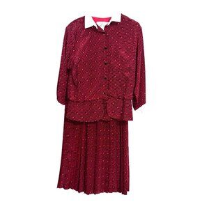 Vintage Liz Roberts Red & Black Pleated Two-Piece Dress With White Collar Button
